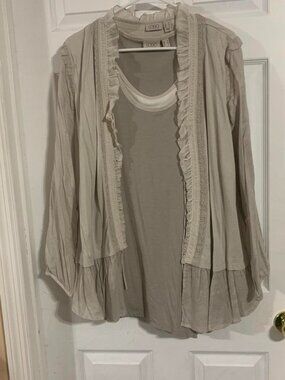 LOGO by Lori Goldstein Women's Cream Jacket and Grey Shirt